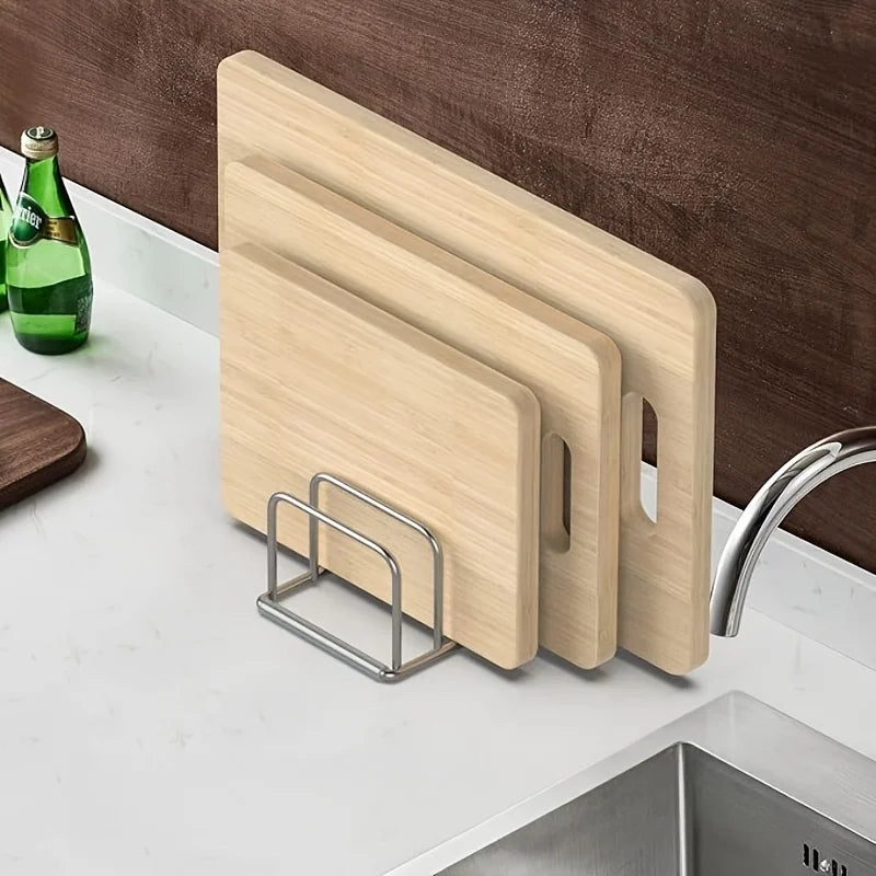 1pc Space-Saving Stainless Steel Pot Lid and Cutting Board Organizer Combo - Heavy-Duty Countertop Rack, kitchen organizer