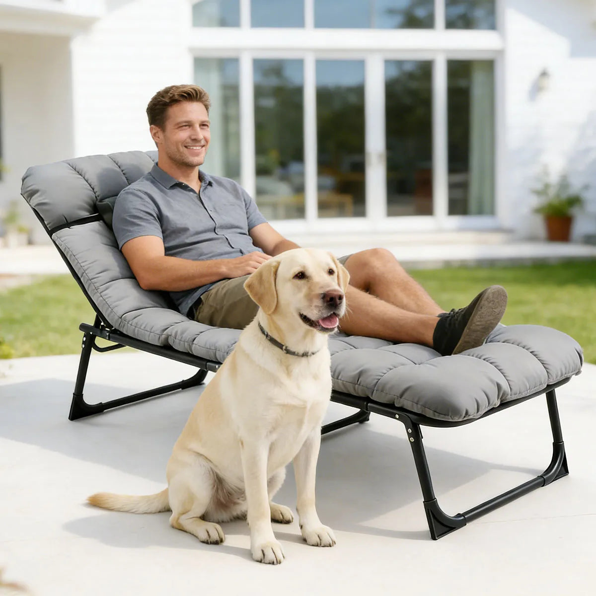 Adjustable Folding Camping Lounge Chair with Removable Soft Cushion, 3 Position Reclining Portable Beach Tanning Chair, Heavy Duty 330 LBS Fold Up Outdoor Chaise Lounge for Pool Patio Office Napping Indoor & Backyard