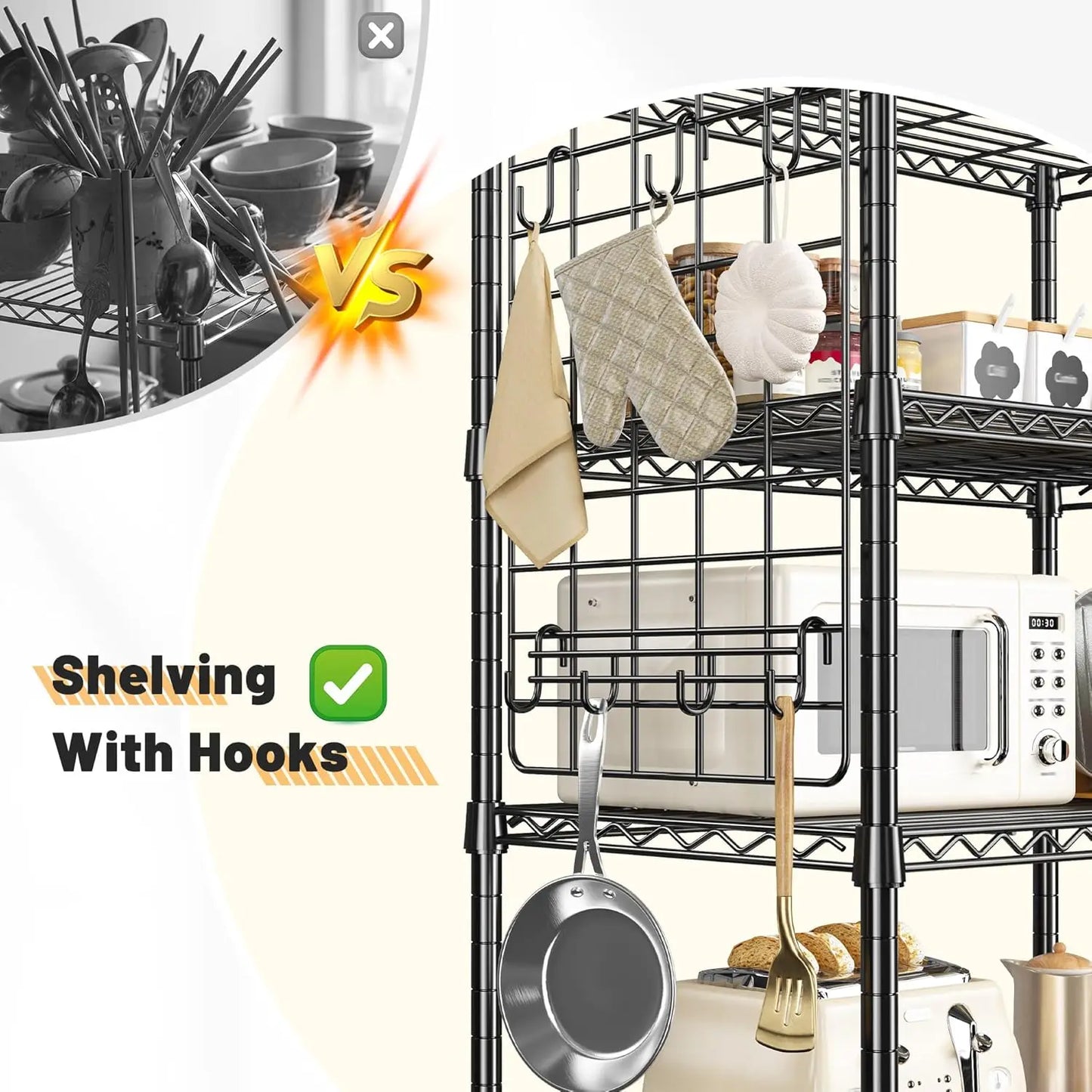 5 Tier Metal Shelving with Side Hanging Net Hooks, Adjustable Storage Shelves,530LBS Wire Shelving for Kitchen,Customized