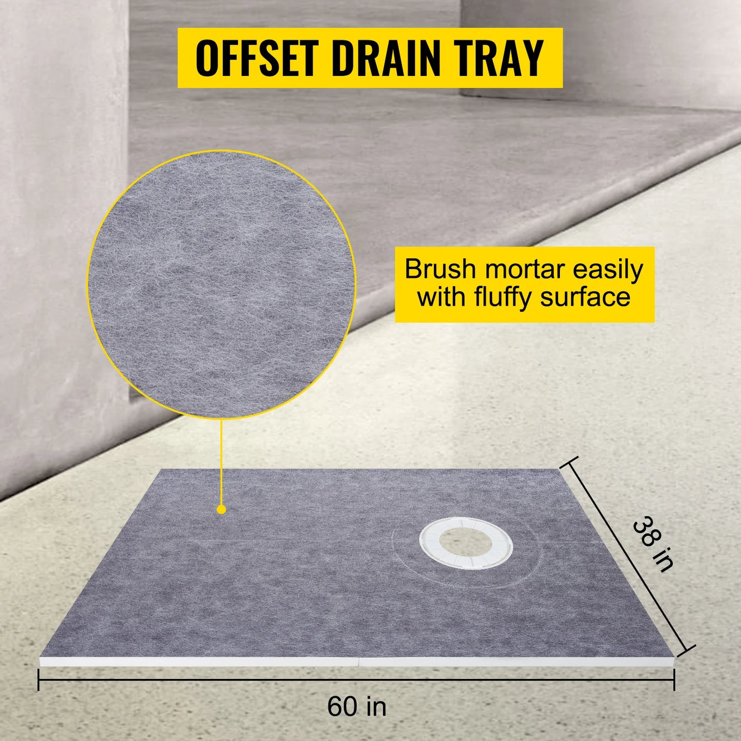 SucceBuy Waterproofing Shower Kit 38''x60'' Shower Kit Tray With Offset Drain PVC Or ABS 4" Stainless Steel Grate 2 Cuttable