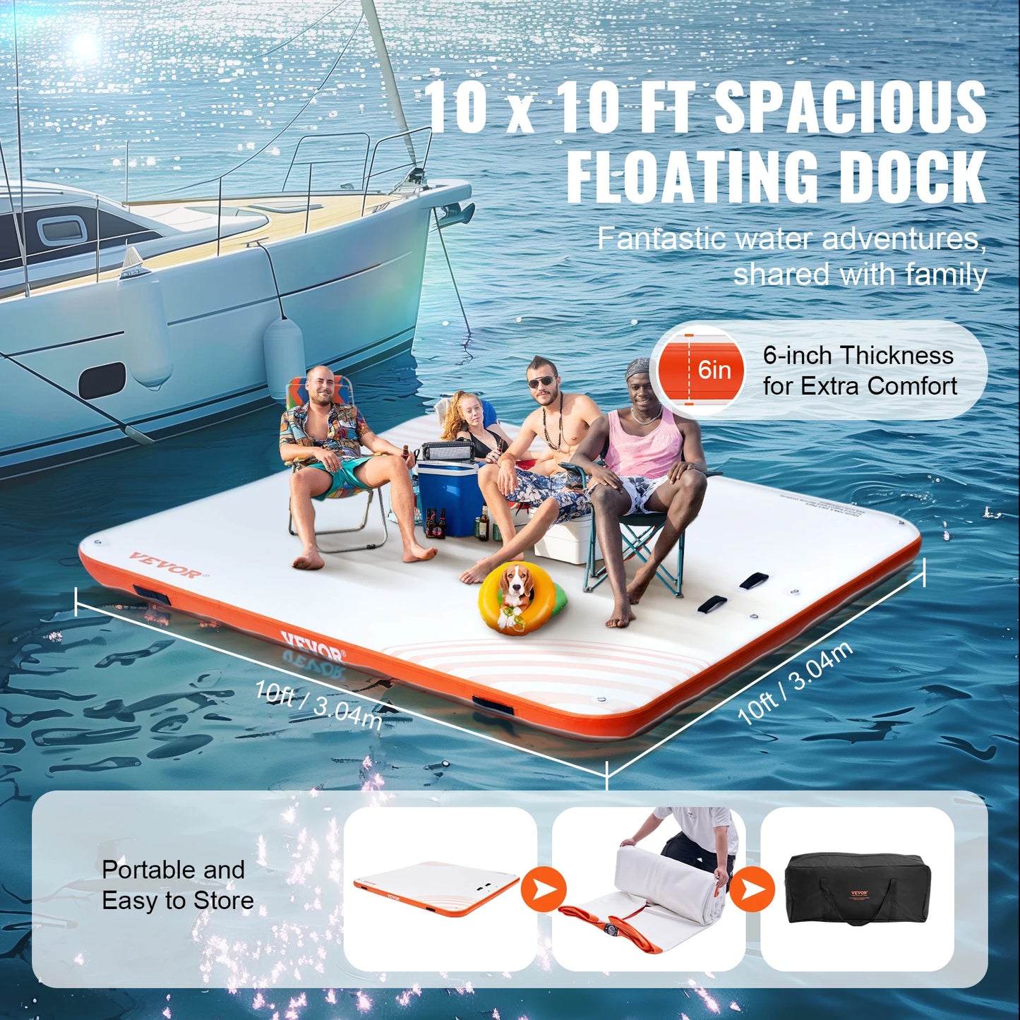 SucceBuy Inflatable Floating Dock 10 x 10FT Inflatable Dock Platform Non-Slip Water Floating Dock Mat with Portable Carrying Bag