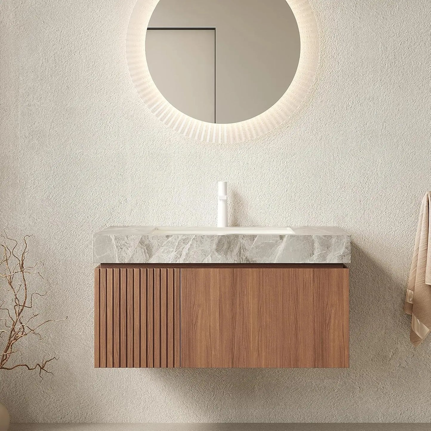 36in Wall Mounted Bathroom Vanity with Sink Ceramic Basin Travertine Countertop Storage Drawer Door Light Wood Customized