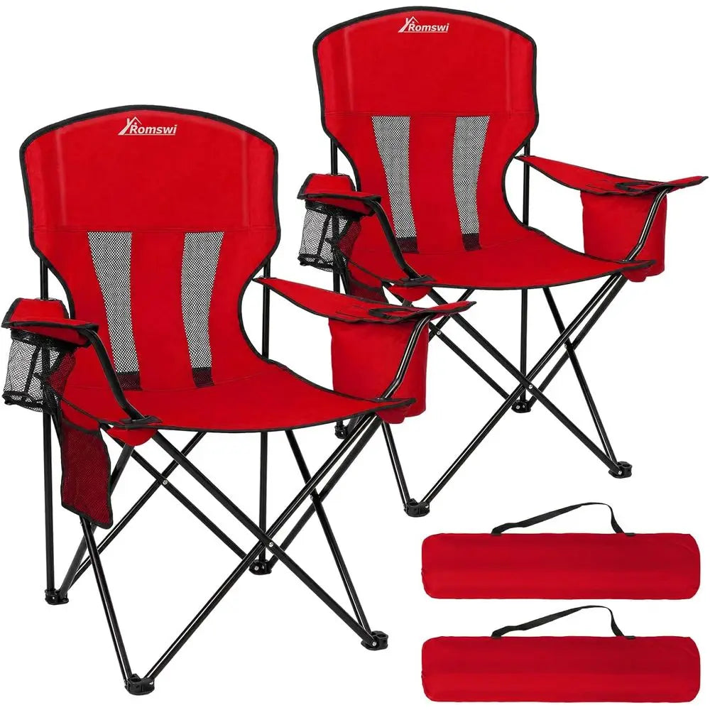 Portable Folding Chairs with 4-Can Cooler and Cup Holder, Heavy Duty Outdoor, Beach, Lawn, Fishing, Red