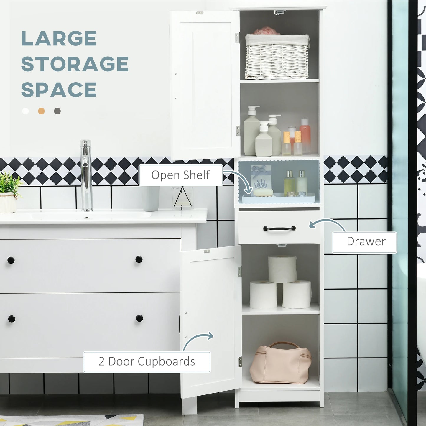 Kleankin Slim Bathroom Storage Cabinet, Tall Bathroom Cabinet, Linen Tower with Open Shelf, Drawer, Recessed Doors