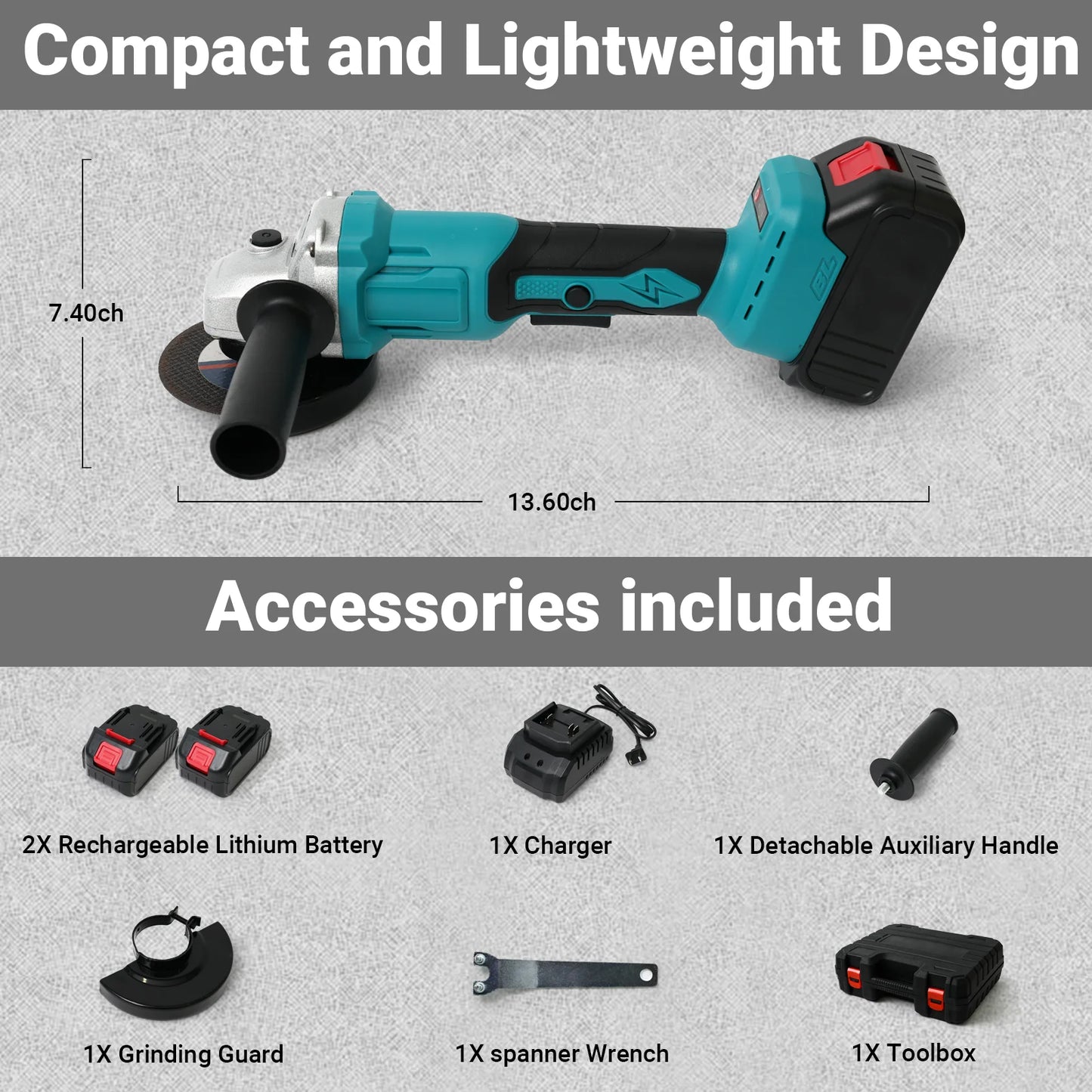 Cordless Angle Grinder Kit Brushless 2x21V-1300mAh Batteries Charger 2 Grinding Wheels 10 Cutting Discs for Cutting Polishing