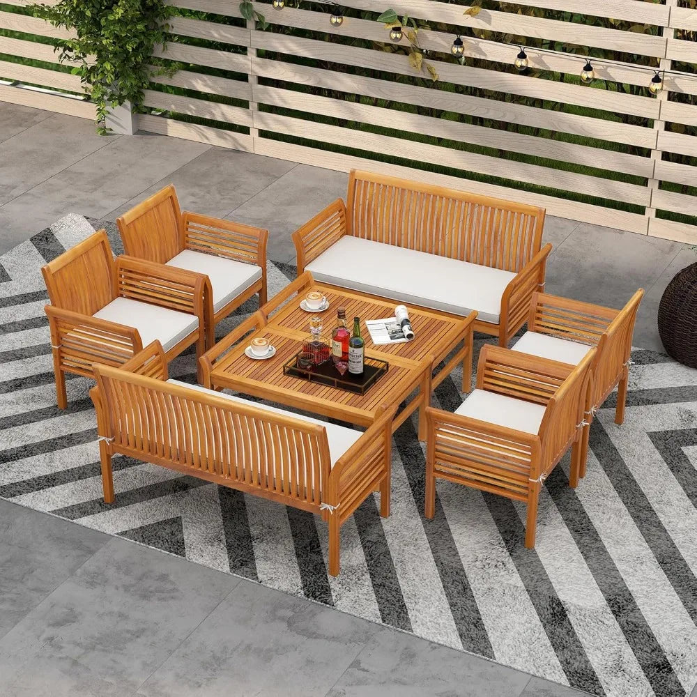4 Piece Patio Conversation Sets, Acacia Padded Outside Furniture w/Removable & Washable Cushions, Slatted Design, Patio Furnitur