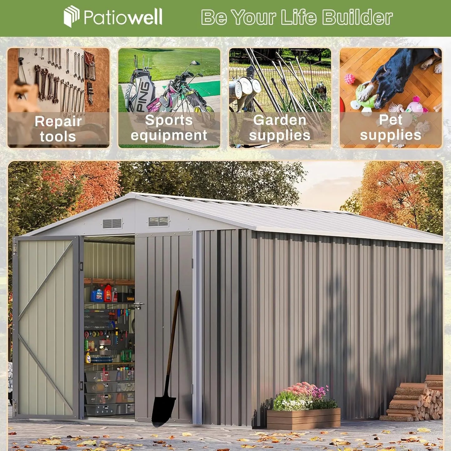 8x10FT Outdoor Storage Shed Metal Sloping Roof Double Lockable Door Backyard Garden Patio Lawn Tool Custom