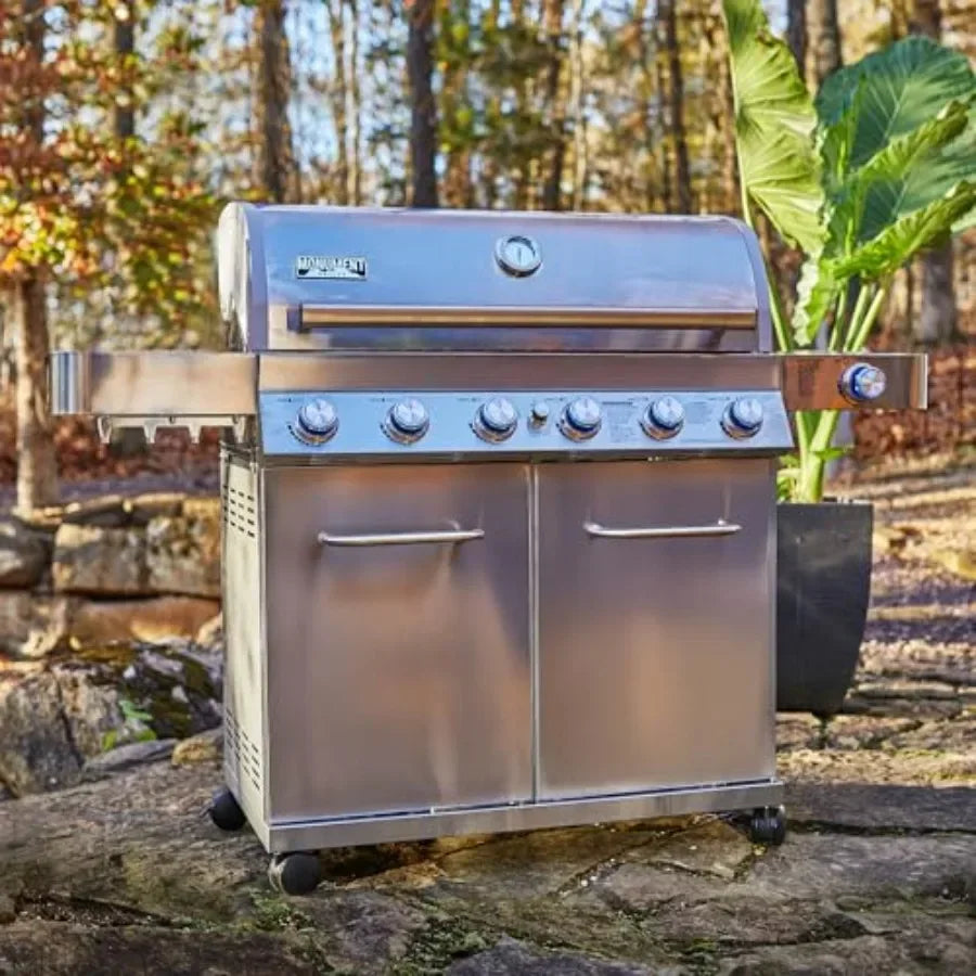 Propane gas grill for outdoor cooking, stainless steel cabinet style, silver, 6+1 burners with knob controls, side burner, buil