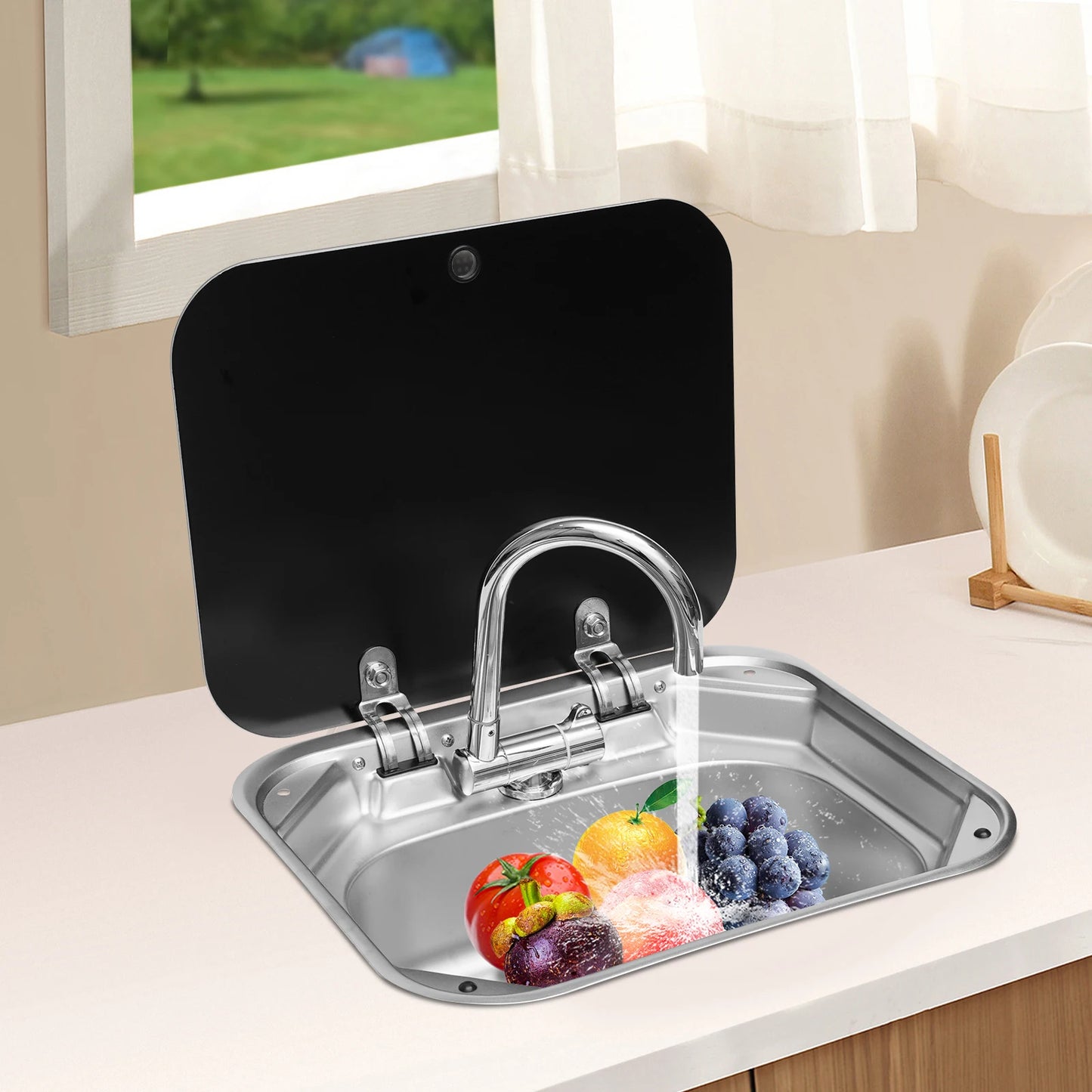 RV Sink with Foldable Tempered Glass Cover&Faucet,Stainless Steel Kitchen Sink Wash Basin Multifunctional Console for Camper Van