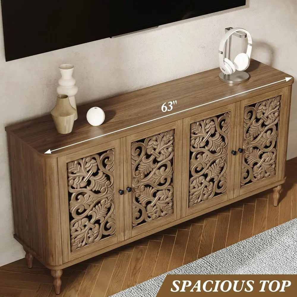 63 Retro Arc Carved Sideboard Buffet Cabinet, 4 Craft Doors Wooden Accent Credenza for Living Room, Dining Room, Entryway, Hall