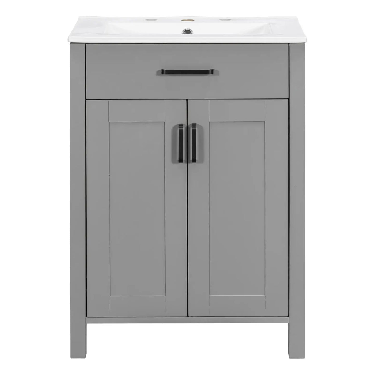 Grey Solid Wood Bathroom Vanities Ceramic Sink Combo Space Saving Doors Cabinet Set for Small Contemporary Bathrooms