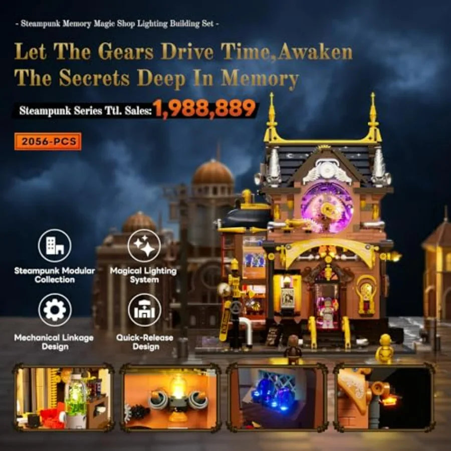 Steampunk Memory Magic Shop Lighting Building Bricks Set 2056 Pcs Modular Display Kit for Adults and Steampunk Lovers in Bronze