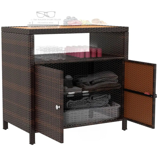 Wicker Outdoor Storage Cabinet, Rattan Bar Table with Acacia Wood Countertop, 2 Doors and Shelf, Buffet Cabinet Sideboard for P