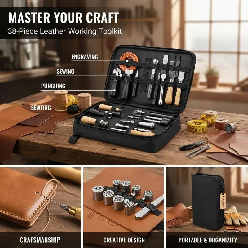 Leather Crafting Supplies Set 38 PCS For DIY Projects Hobby Crafting Professional Repair, Canvas Storage Bag Included Manual