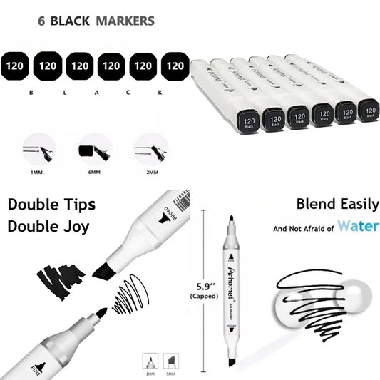6pcs Black Alcohol Markers Set with Dual Tips for Art Drawing and Sketching Ideal for Beginners and Adults Perfect for ' Creati