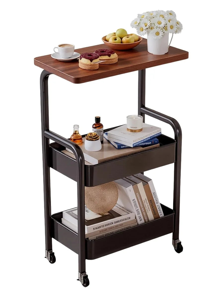 Three-Tier Metal Rolling Multi-Functional Storage Cart with Walnut Wood Top, Stable and Durable, with Two Lockable Wheels, Suitable for Kitchen, Bathroom, Snacks, Coffee, Crafts, Cosmetics, and Baby Products
