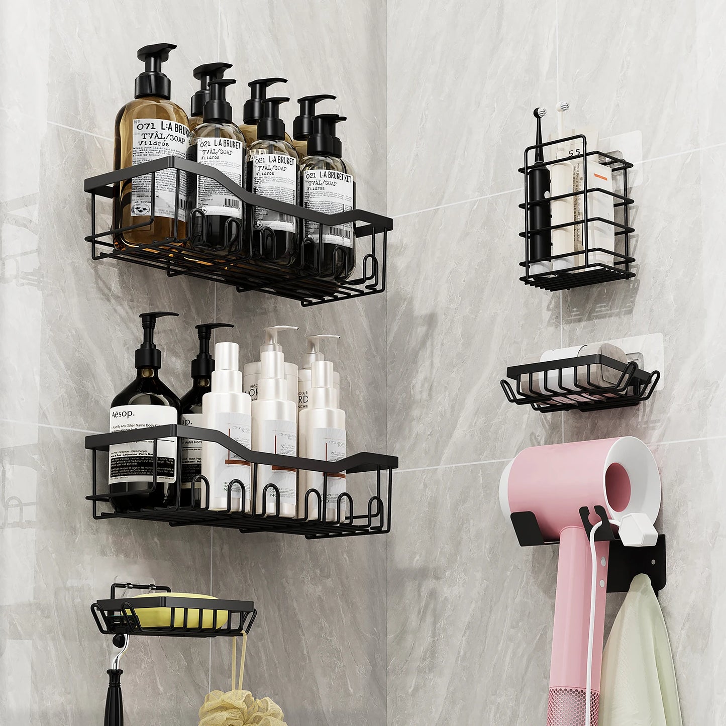 6pcs Stainless Steel Bathroom Kitchen Shelves No Drill Wall Mounted Toilet Organizer Bathroom Kitchen Accessories