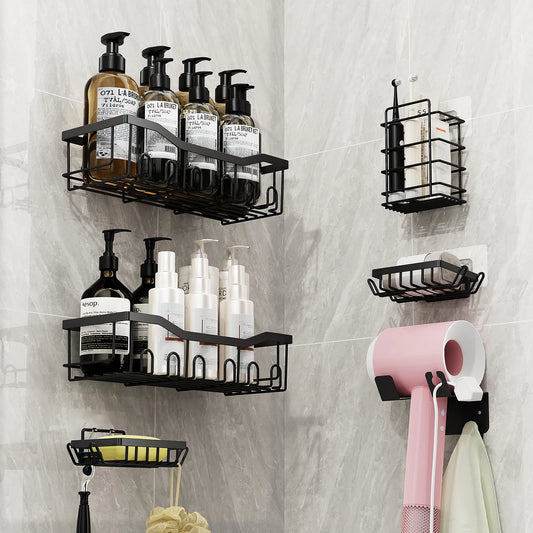 6pcs Stainless Steel Bathroom Kitchen Shelves No Drill Wall Mounted Toilet Organizer Bathroom Kitchen Accessories