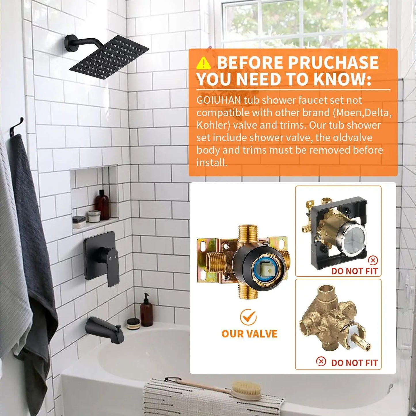 Matte Black Tub Shower Faucet Set with 8-Inch Rainfall Head, Spout, and Trim Kit