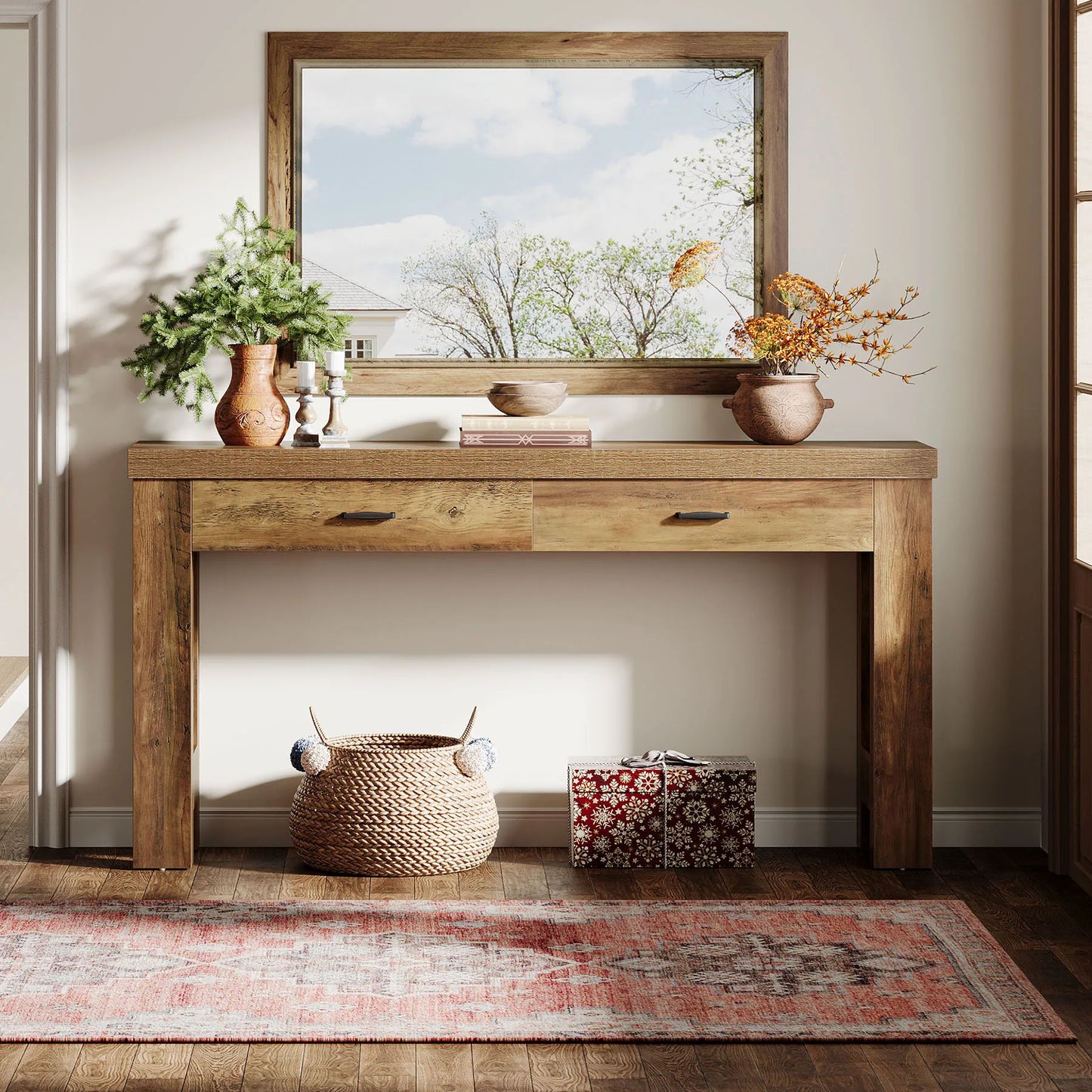 Tribesigns 63" Console Table with 2 Drawers, Farmhouse Entryway Table with H-Shaped Sturdy Legs for Hallway, Living Room, Brown