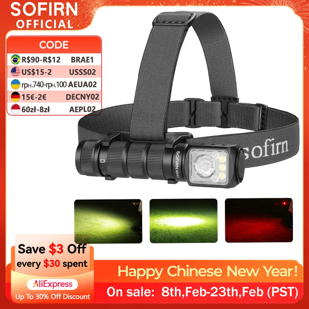 SOFIRN HS42 2100lm Headlamp 18650 USB C Rechargeable RED LED Flashlight SST40 LED EDC Torch with Magnetic for Camping
