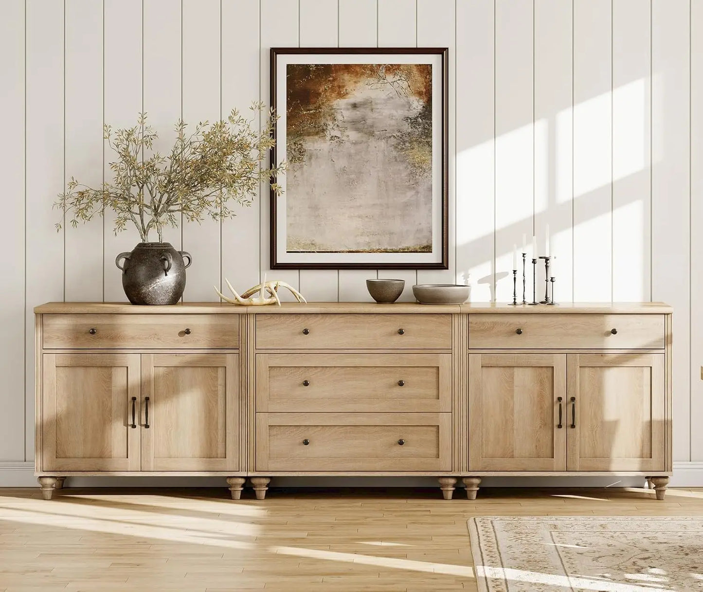 Sideboard Cabinet with 5 Drawers and 4 Doors, Vintage Wood Grain Design, Buffet Cabinet with Storage, Coffee Bar, Customized
