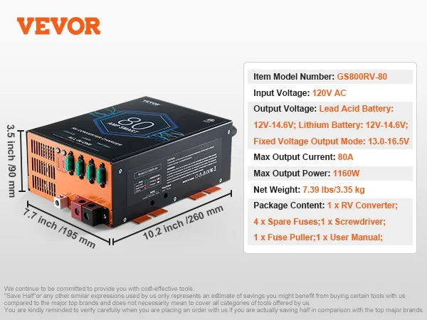 SucceBuy RV Converter 45/55/80Amp 110V AC to 12VDC Battery Charger 4Stage Smart Charging 13V to 16.5V Adjustable Operating Range