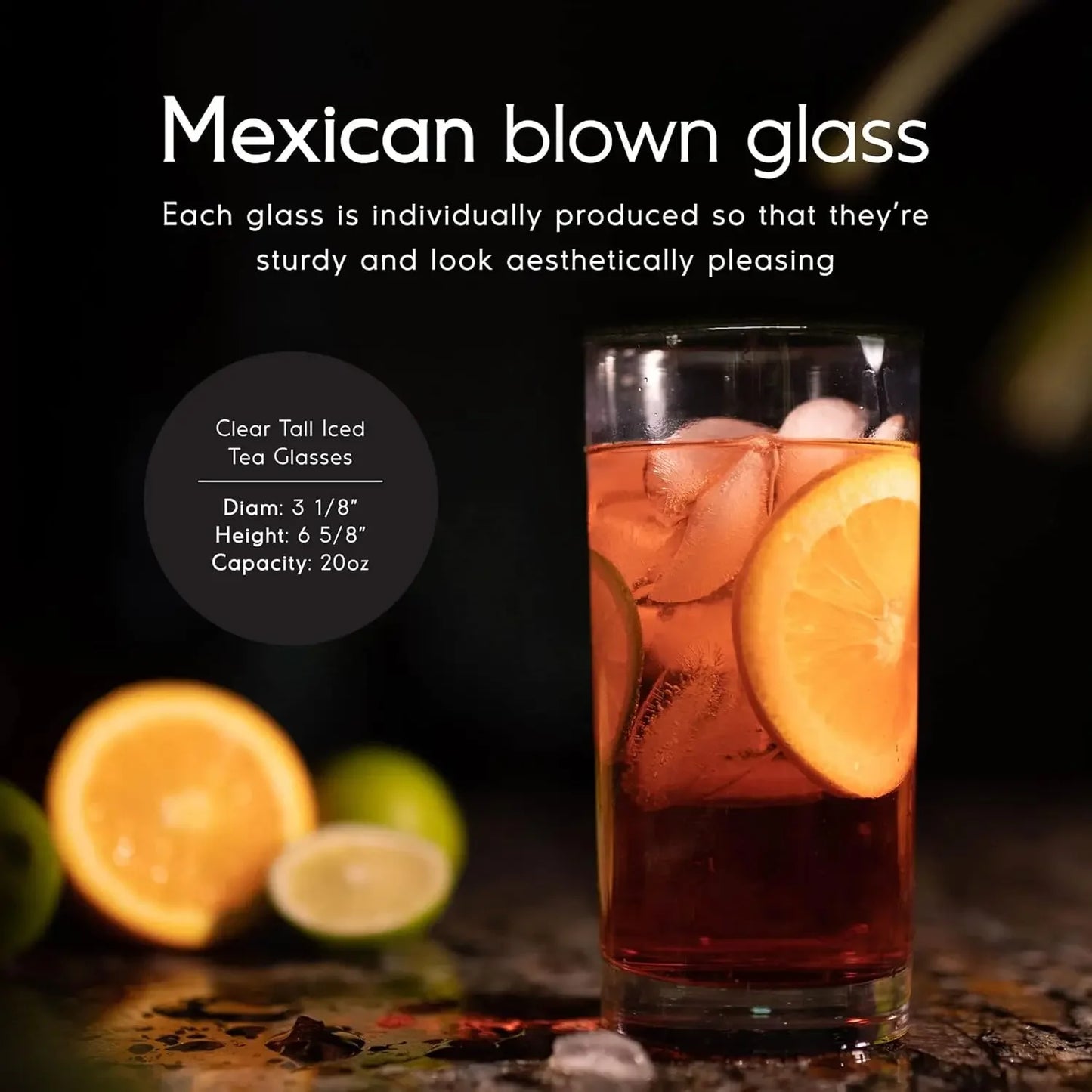 Clear 20 oz Tall Iced Tea Glasses (set of 6), Hand Blown Mexican Glassware, Recycled Glass Drinking Glasses, Lead-Free, Cocktail