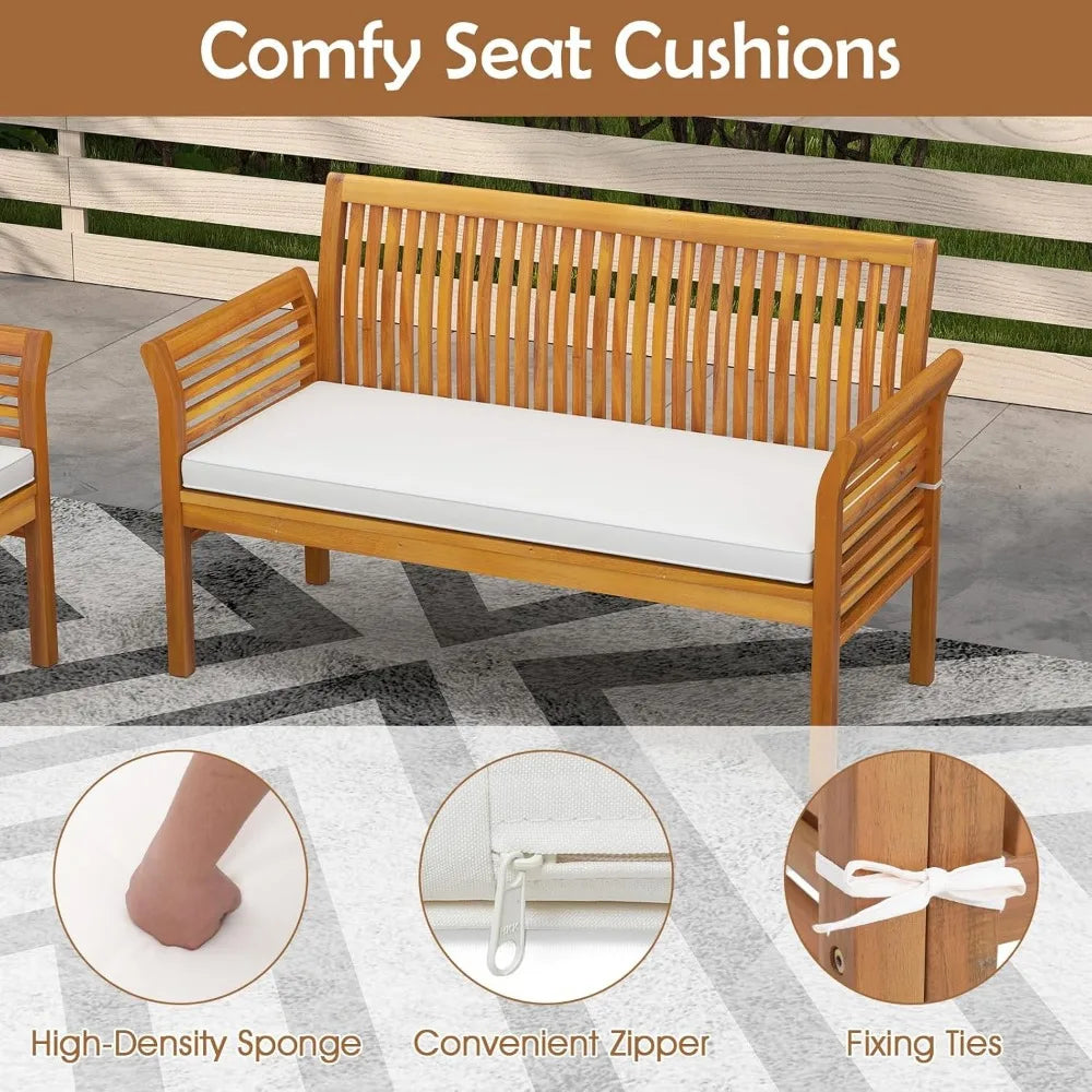 4 Piece Patio Conversation Sets, Acacia Padded Outside Furniture w/Removable & Washable Cushions, Slatted Design, Patio Furnitur
