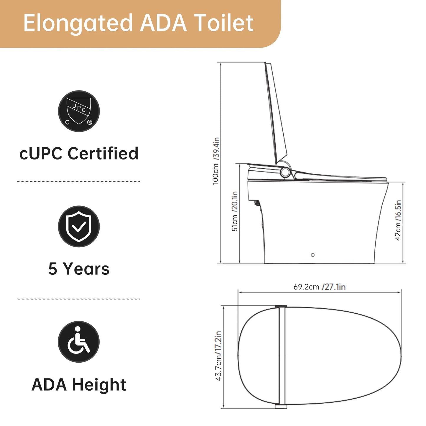 AQUATIZ G109-1Max Intelligent Smart Toilet with Bidet Built-in, ADA Height, Auto Open/Close, Dual Control & LED Display
