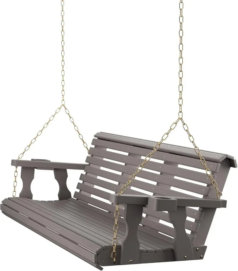 Amish Casual Heavy Duty 700 Lb Capacity Porch Swing with Cup Holders (4 Foot, Cedar Stain) – Wooden Outdoor Roll Back Swing