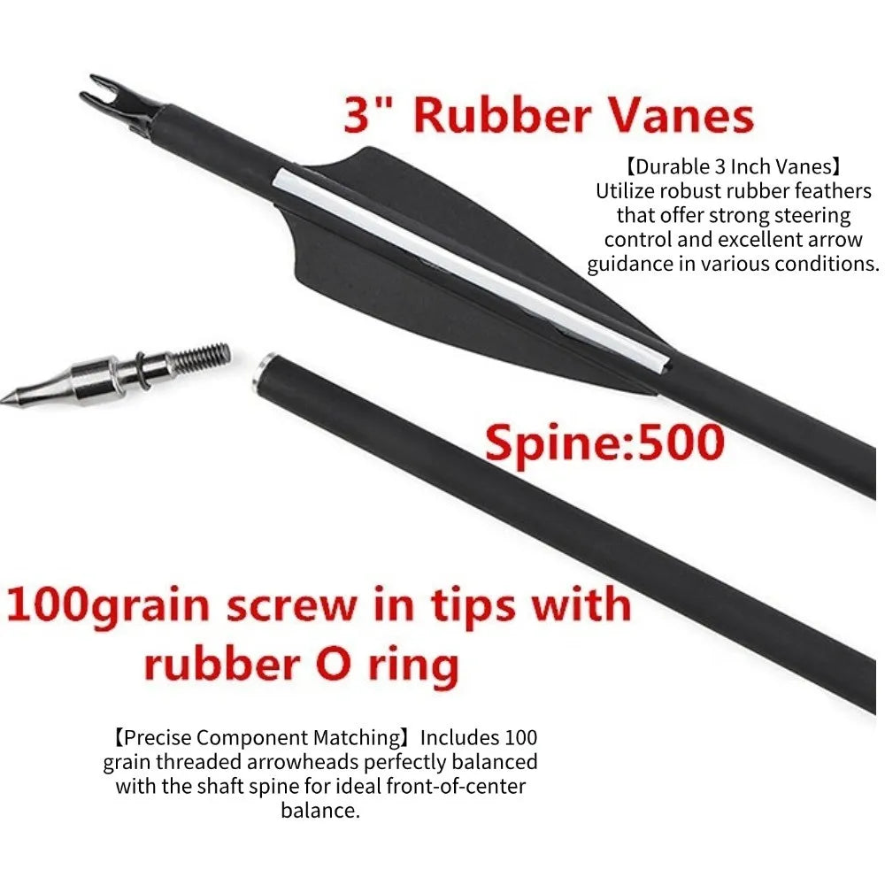 30'' Mixed Carbon Arrow Archery Spine 500 Arrow 3" Rubber Vane 100gr Tip Bow ID 6.2mm OD 7.8mm Hunting Shooting Accessories