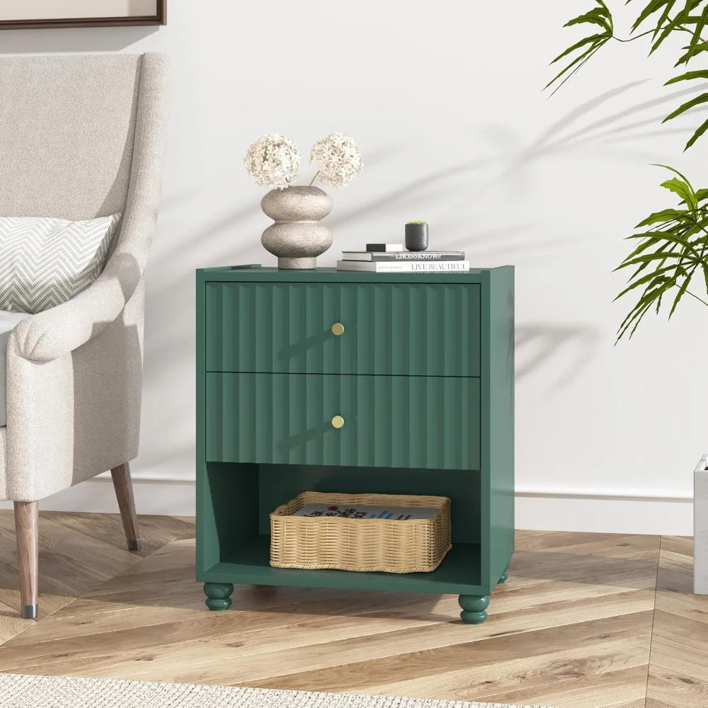 Modern Nightstand Set of 2, Fluted End Table with Open Shelf, Night Stand with 2 Drawers for Bedroom (Green), Customized