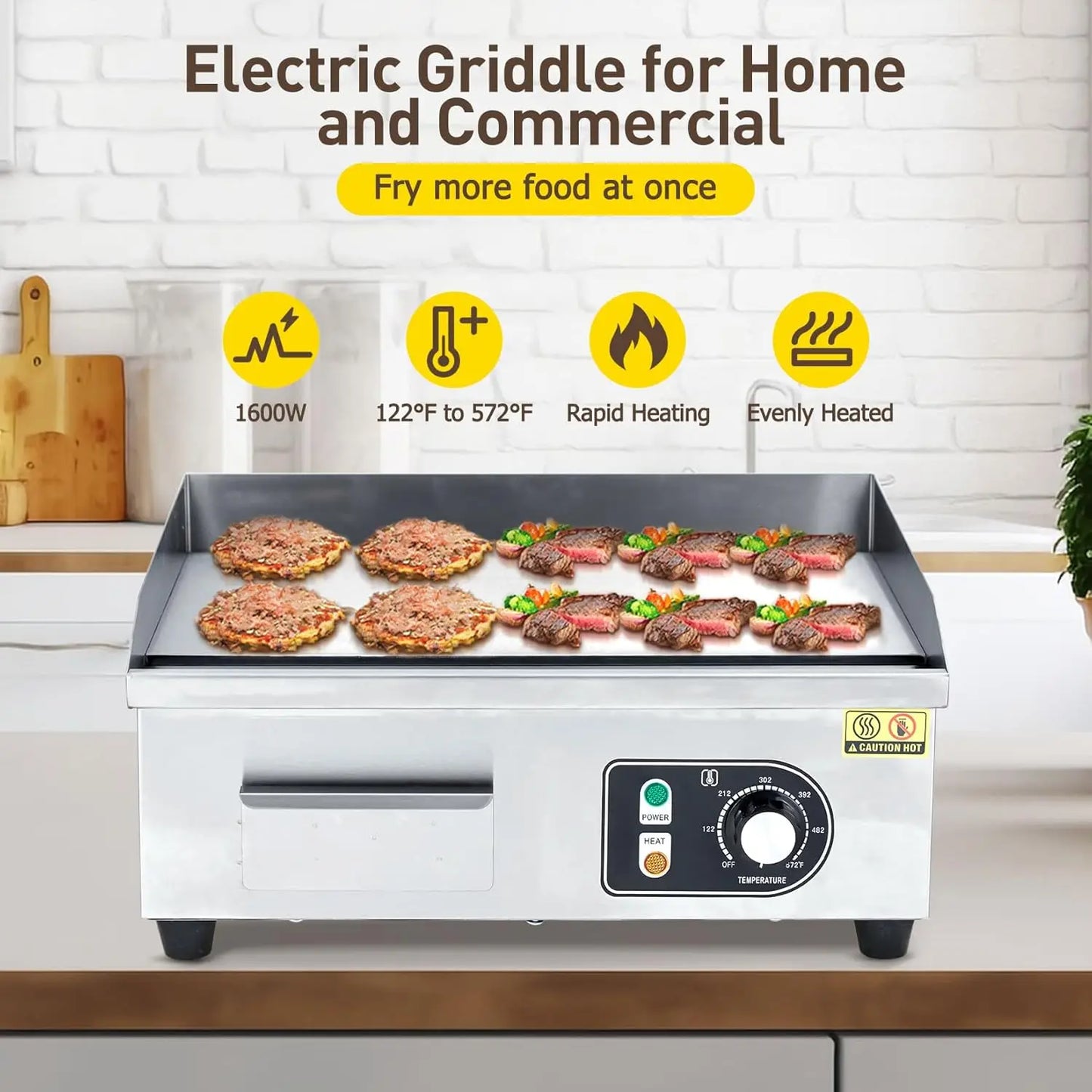 Electric Griddle for Outdoor Cooking Non-Stick Grill Plate Adjustable Temperature Control 122°F-572°F High Power 3600W
