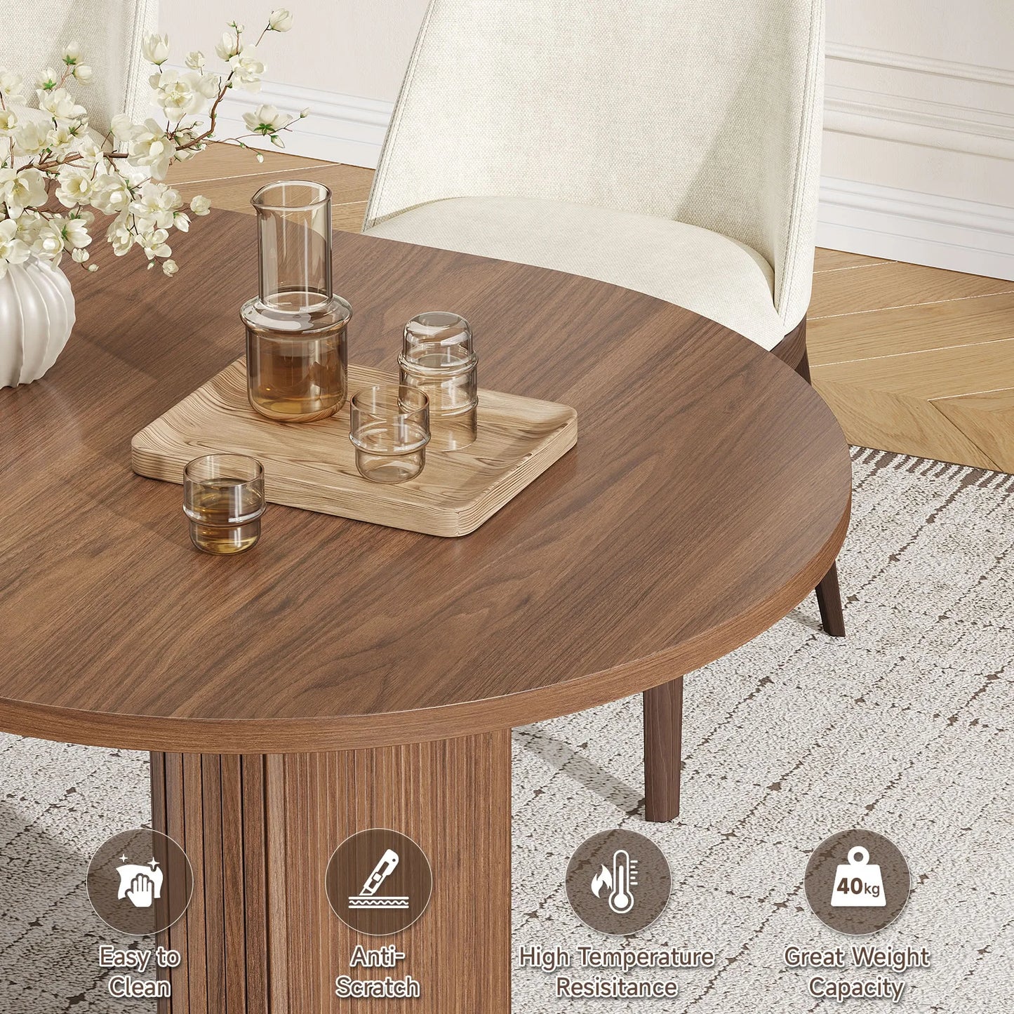 Walnut 70 Inch Oval Dining Table for 6-8 People, Modern Large Dining Room Table with 2-Tier Storage Space, Wood Center Kitchen Table with LED Light, Dinner Table with Heavy Duty Legs