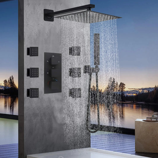 Black 8 inch Rain Shower Faucet Set Thermostatic Valve Massage Shower System Kit