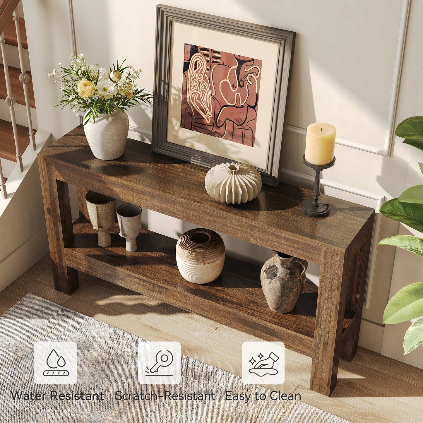 Tribesigns 63" Farmhouse Console Table with 2-Tier Shelves, Long Narrow Wood Entryway Table for Hallway & Living Room