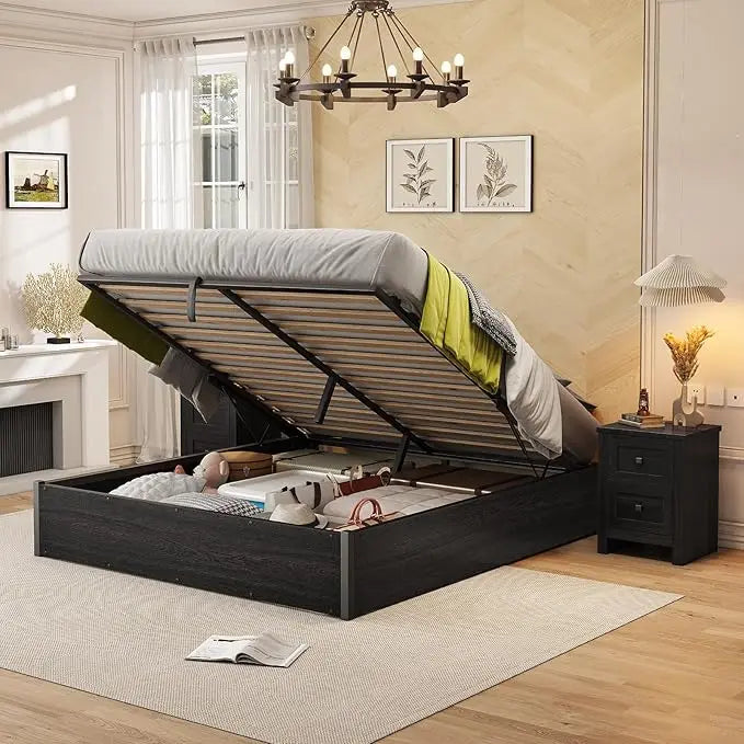 Lift Up Storage Bed, Queen Bed Frame with Storage Underneath, Wooden Platform Bed Frame, Solid Wood Slats Support