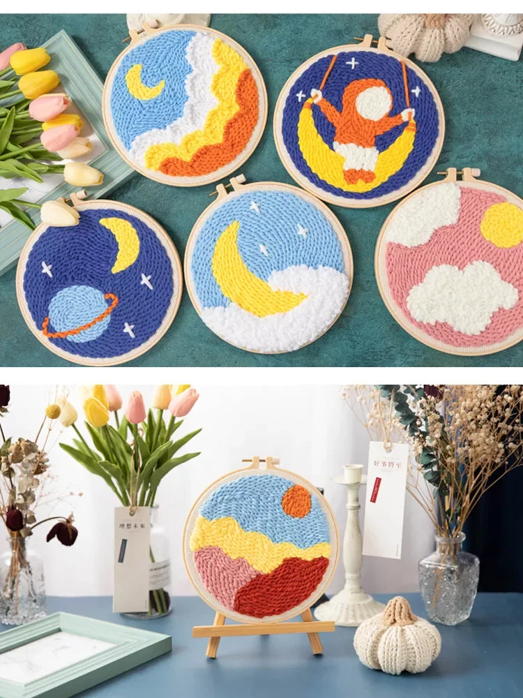 Punch Needle Embroidery Kits For Adults Scenery DIY Craft Yarns Embroidery Set for Beginner Cross Stitch Home Painting Decor
