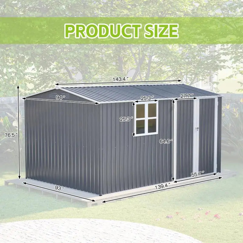 XL Heavy-Duty Steel Storage Shed 8x12 Ft with Window, Hinged Gray Doors & 4 Vents for Backyard, Garden, Patio, Durable &