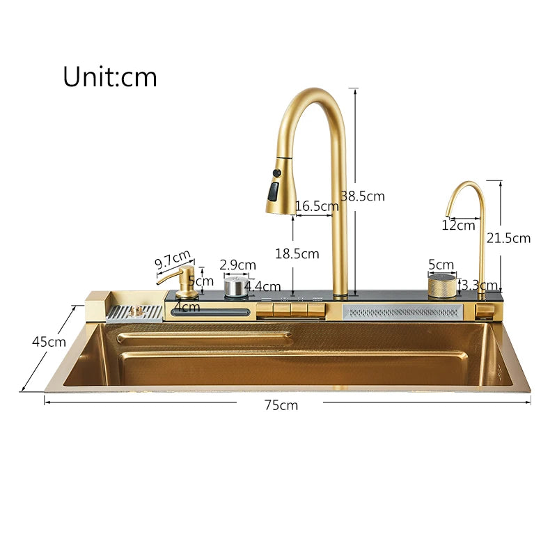 Brushed Golden Smart Digital Display Integrated Kitchen Sink Set Waterfall/Rainfall Water Purifier Soap Dispenser Cup Washer