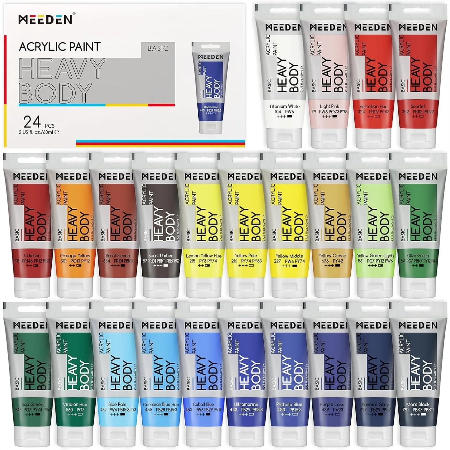 Heavy Body Acrylic Paint Set, 24 x 60ml (2 oz) Satin Finish for Adults, Rich Pigment Art Craft Paints for Canvas Clay Wood