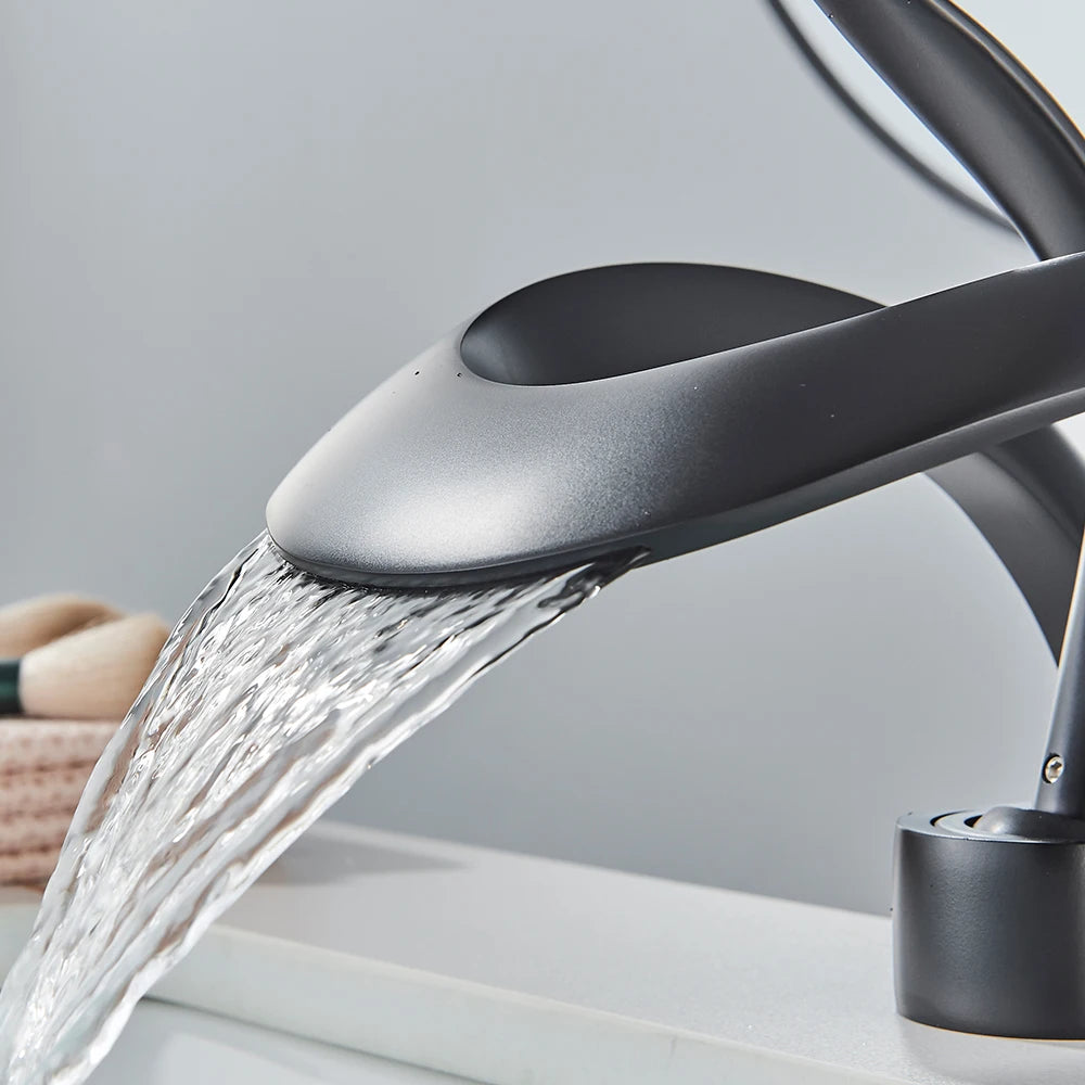 Rozin Luxury Black Basin Faucet Grey Bathroom Waterfall Mixer Tap Brass Deck Mount Modern Style Hot Cold Water Sink Mixer Crane