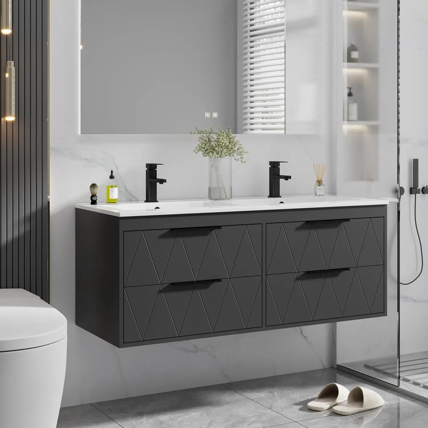 48" Wall Mounted Floating Bathroom Vanity Cabinet with Sink Combo Soft-Close 4 Big Drawers Matte Black Faucet, Customized