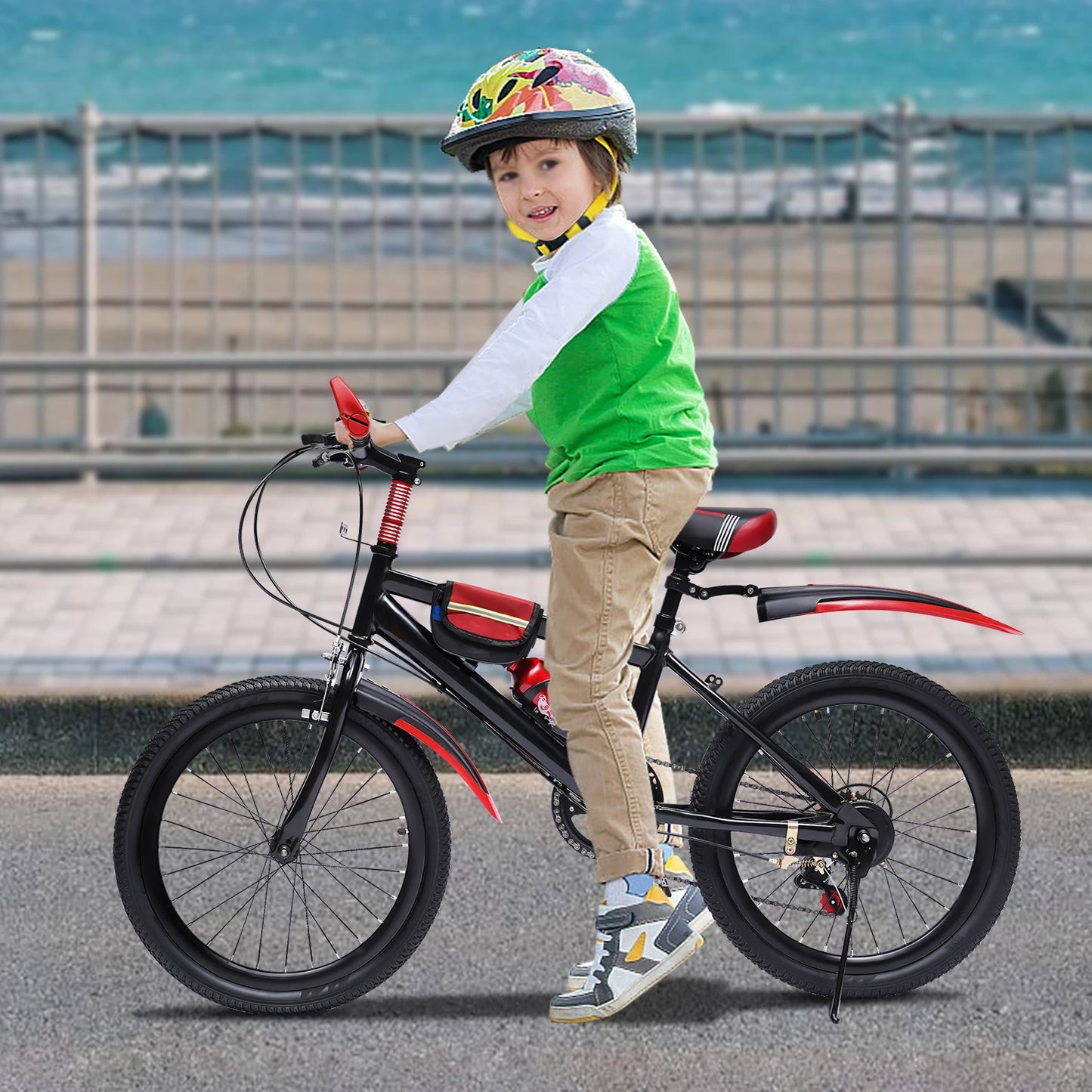 20 Inch Kids Mountain Bike 7 Speed Boys Girls Bicycle Dual Brakes Adjustable Seat 85kg Capacity with Water Bottle Bag for Ages 6-12 Red/Green