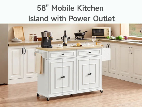 60" Mobile Kitchen Islands Rolling Trolleys Kitchen Island Table Drop Leaf Home Carts with Power Outlet Spice Towel Rack Trash