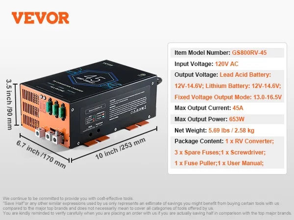 SucceBuy RV Converter 45/55/80Amp 110V AC to 12VDC Battery Charger 4Stage Smart Charging 13V to 16.5V Adjustable Operating Range