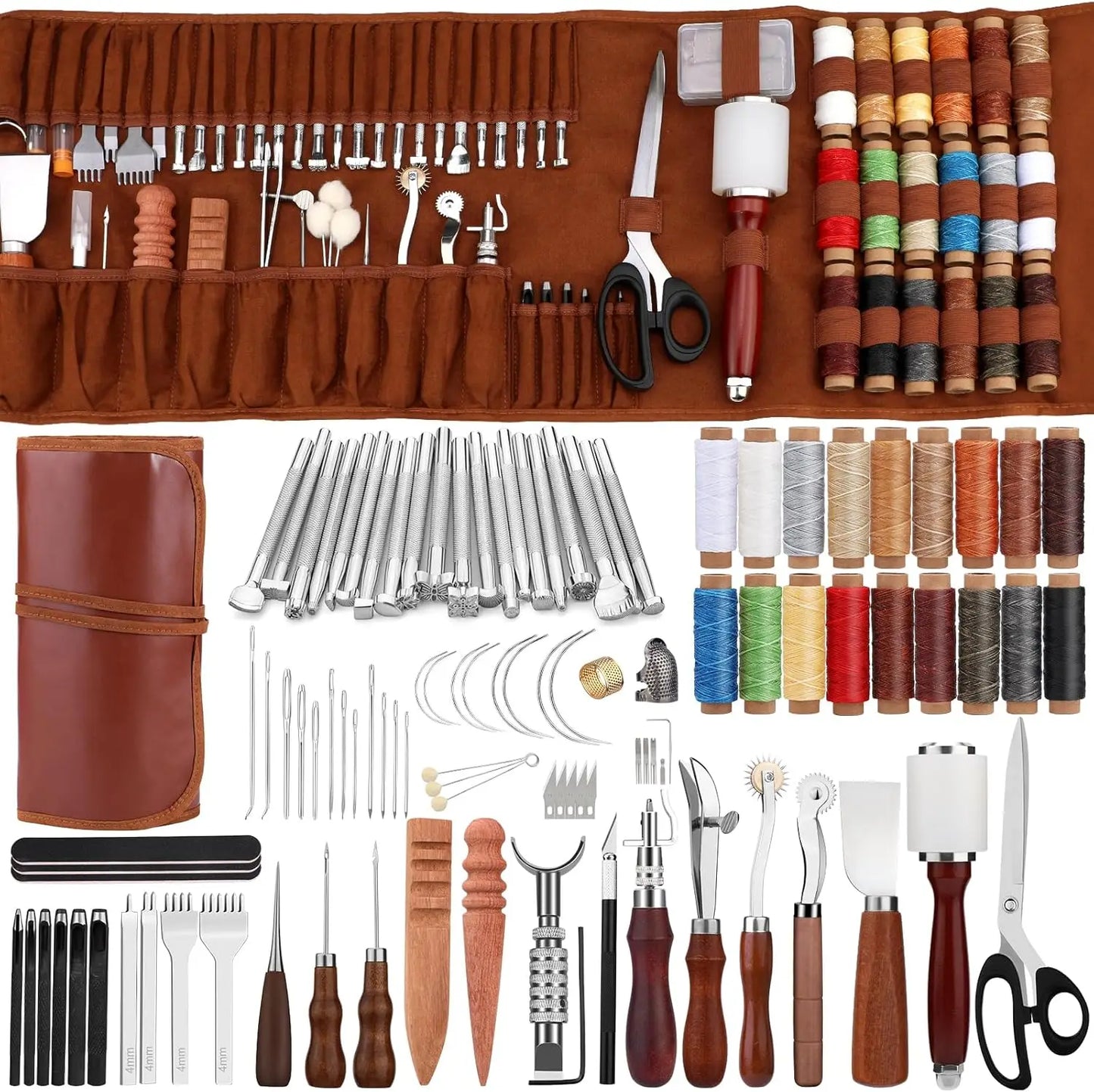 Leather Crafting Tool Kit with Storage Bag for DIY Sewing Carving Punching Stamping, Essential Supplies