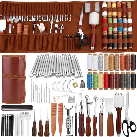 Leather Crafting Tool Kit with Storage Bag for DIY Sewing Carving Punching Stamping, Essential Supplies