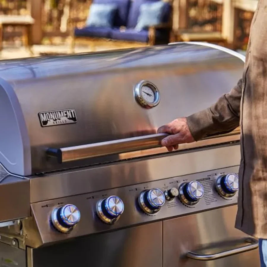 Propane gas grill for outdoor cooking, stainless steel cabinet style, silver, 6+1 burners with knob controls, side burner, buil